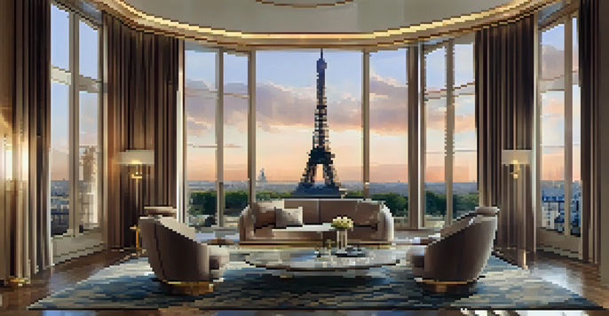 An elegant penthouse interior in Paris with a view of the Eiffel Tower at sunset, featuring modern furniture and warm lighting.