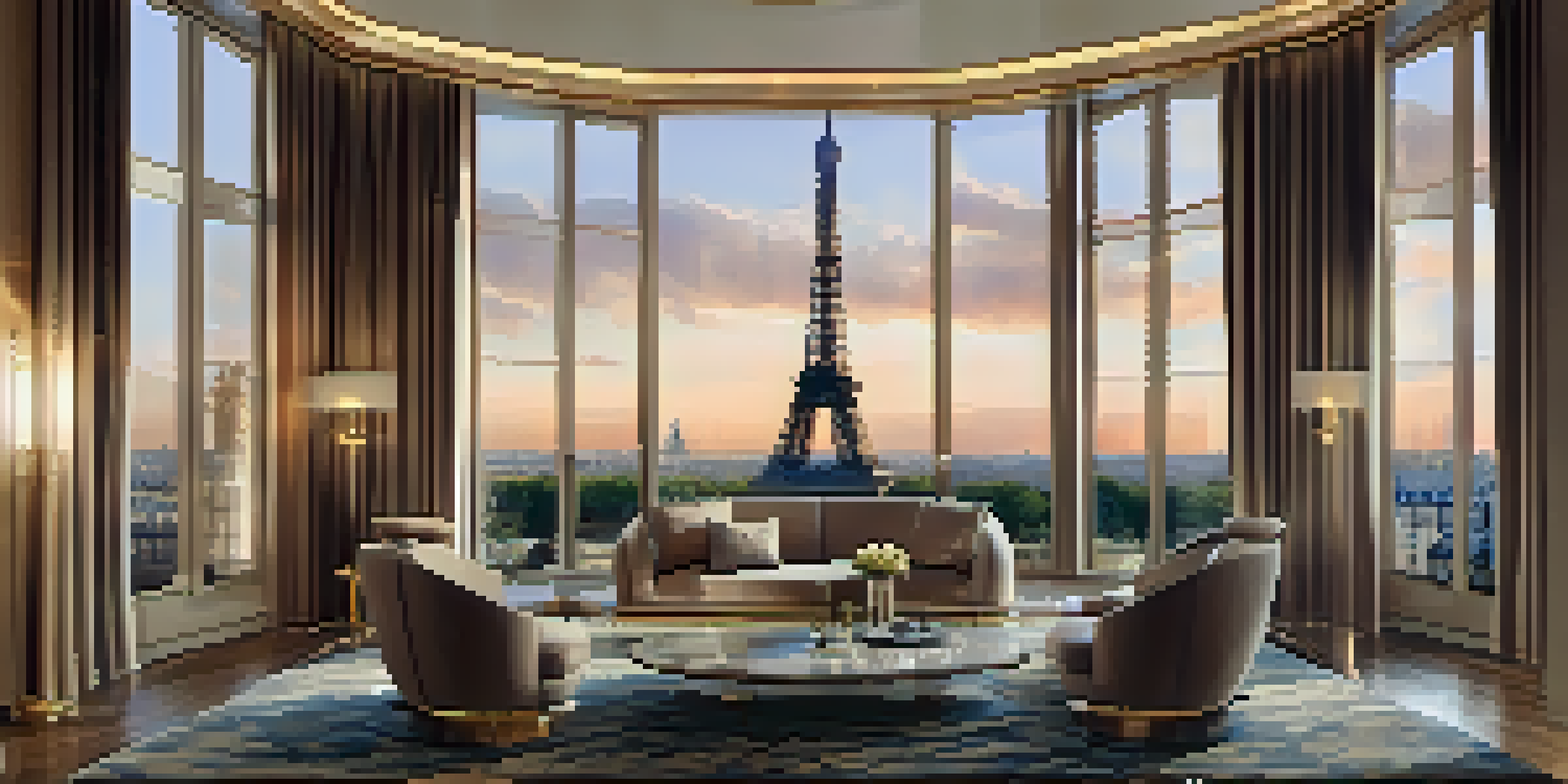 An elegant penthouse interior in Paris with a view of the Eiffel Tower at sunset, featuring modern furniture and warm lighting.