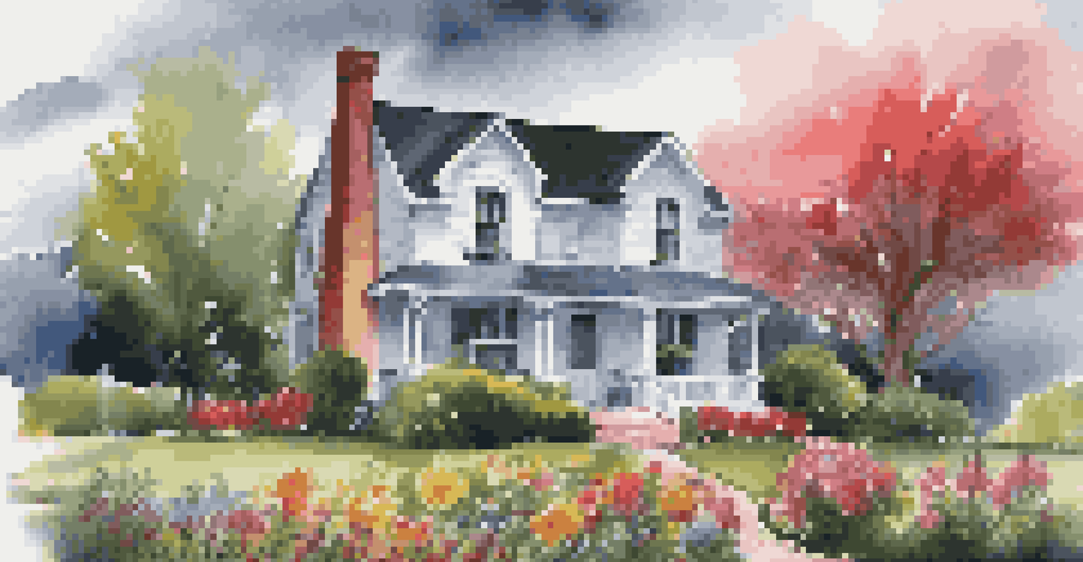A charming house with a 'For Sale' sign in the yard against a stormy sky, highlighting its well-maintained exterior and vibrant garden flowers.