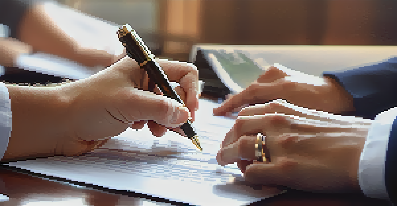 Close-up of a real estate agent's hands signing a contract at a table in a professional office setting.