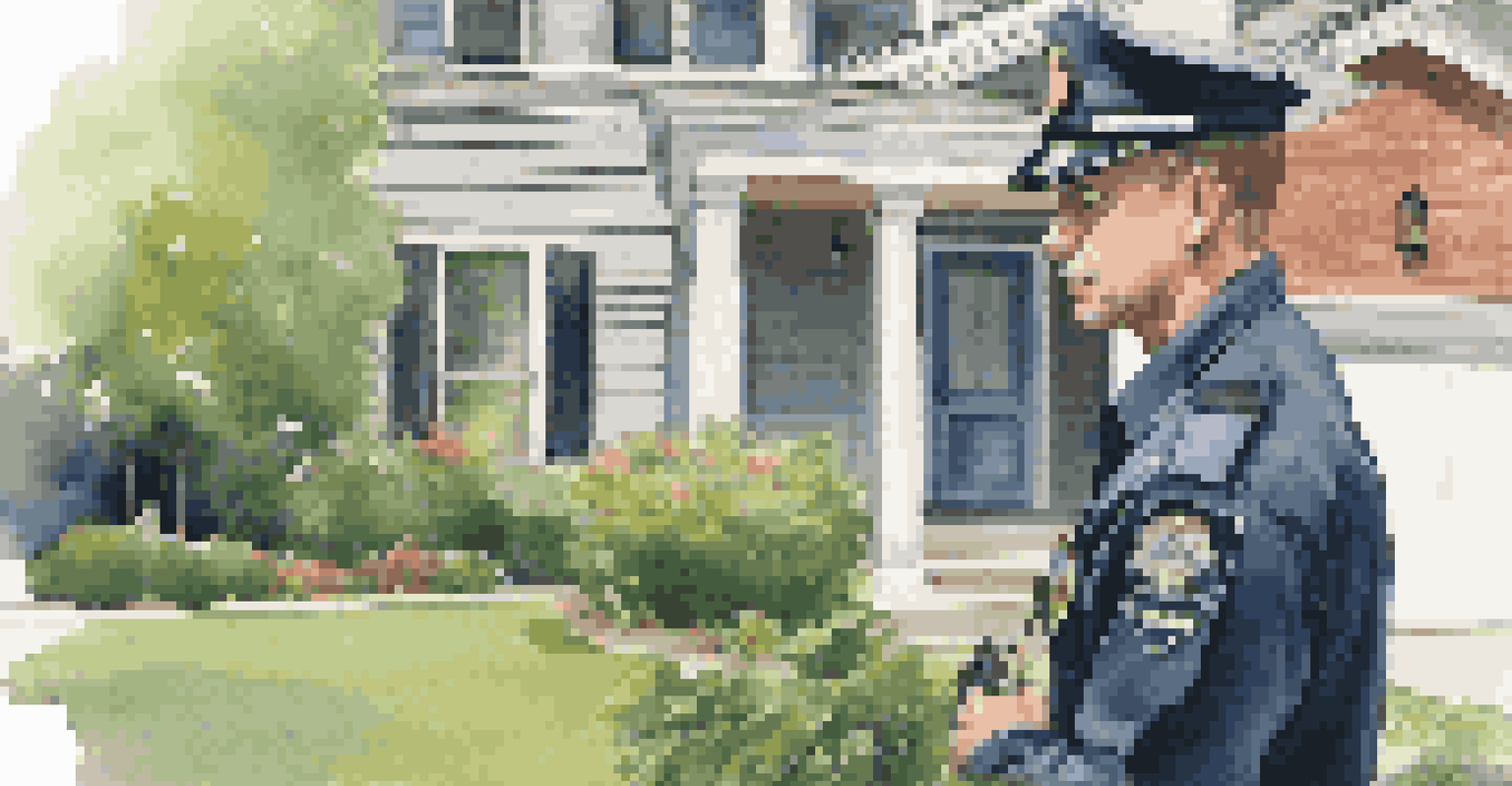 A security service professional inspecting a home’s security systems in a suburban neighborhood.