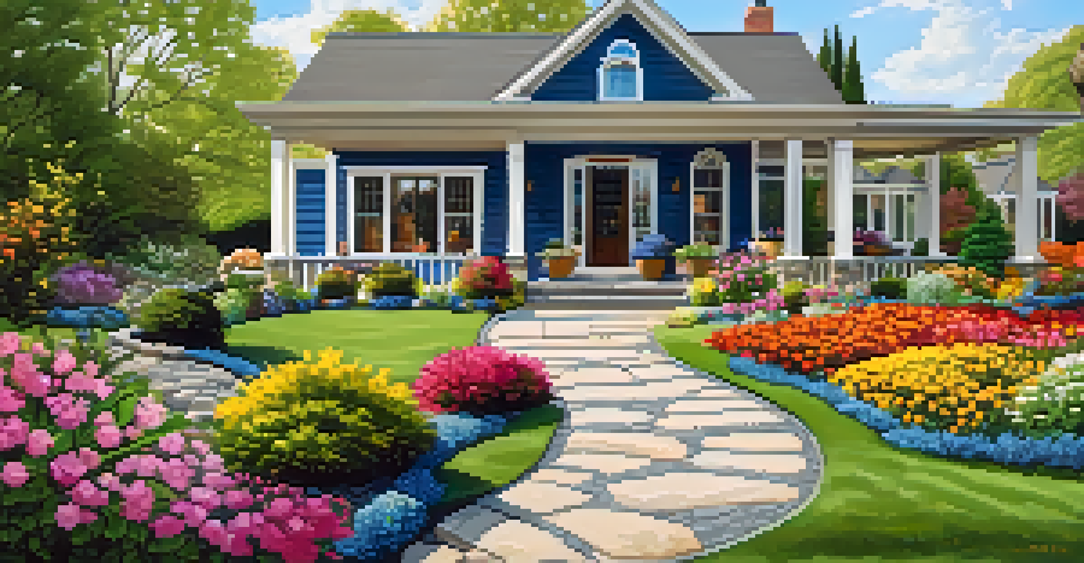 A landscaped garden with colorful flowers and stones, in front of a well-maintained house under a blue sky.