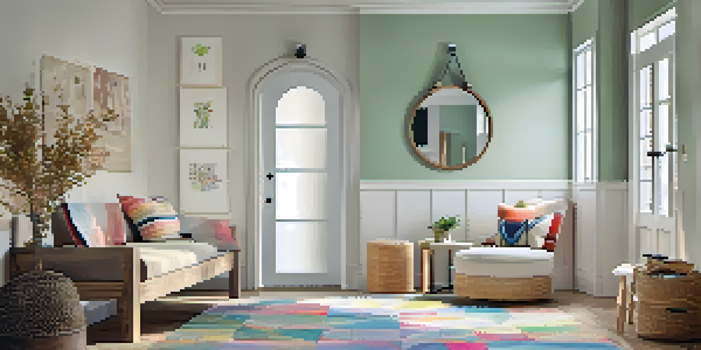 A bright entryway with a wooden bench, colorful pillows, a mirror, a rug, and a potted plant, illuminated by natural light.