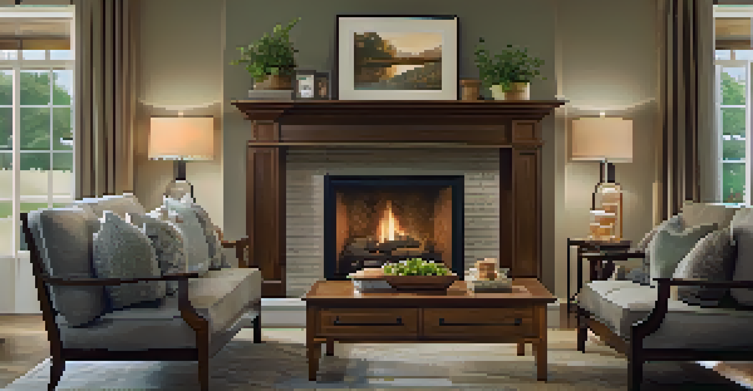 A warm and inviting living room with a sofa, coffee table, and a fireplace surrounded by family photos.