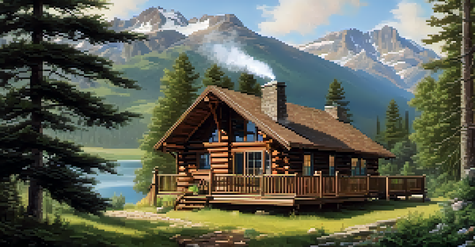 A cozy mountain cabin surrounded by trees and mountains.