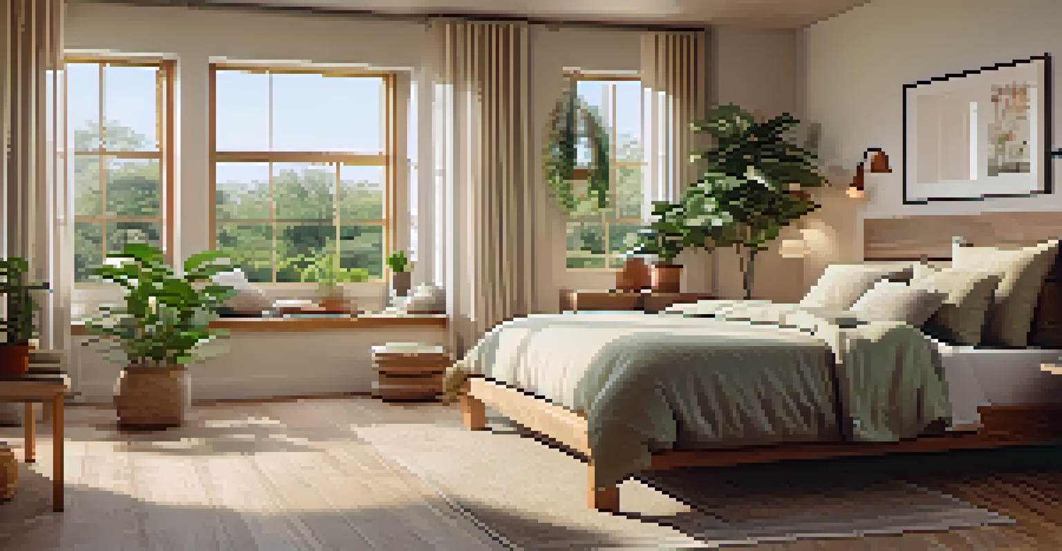An inviting bedroom with potted plants, natural wood elements, soft bedding, and large windows.
