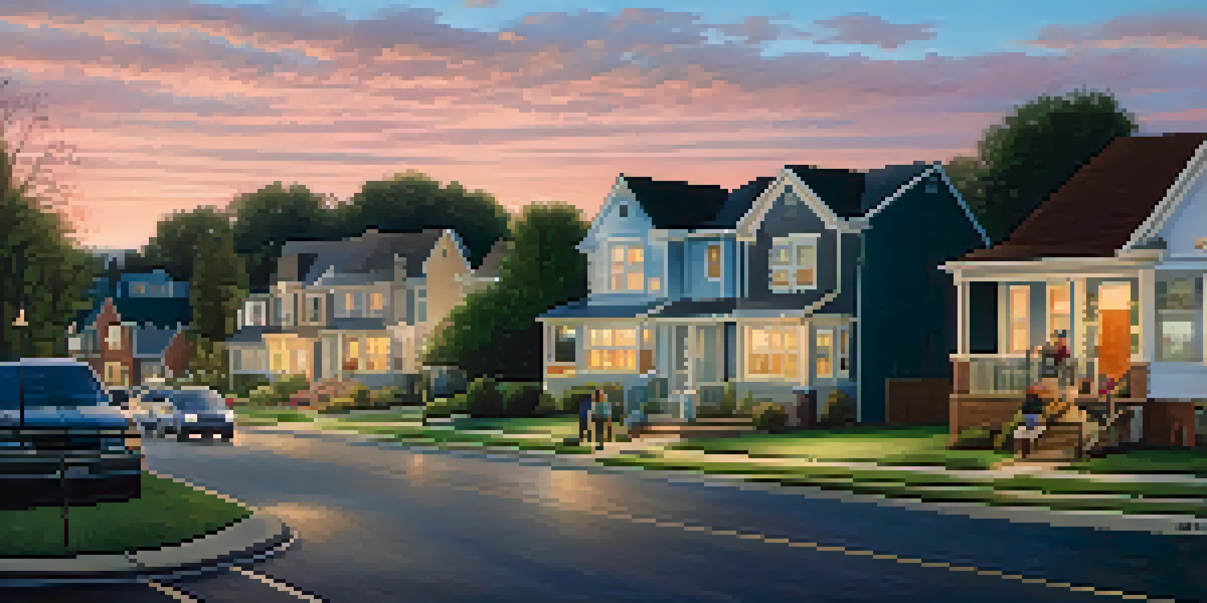 A peaceful suburban neighborhood with families and well-lit streets at dusk, suggesting safety and community engagement.
