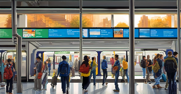 A busy subway station filled with diverse commuters in an urban setting, with bright sunlight filtering through large windows.