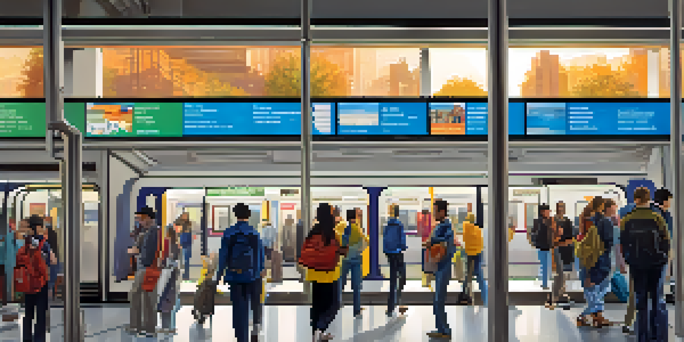 A busy subway station filled with diverse commuters in an urban setting, with bright sunlight filtering through large windows.