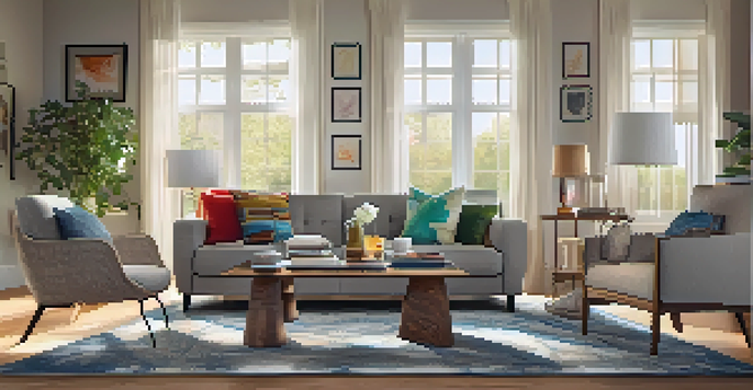 A bright and inviting living room with a comfortable sofa, colorful pillows, and a coffee table, illuminated by sunlight from large windows.