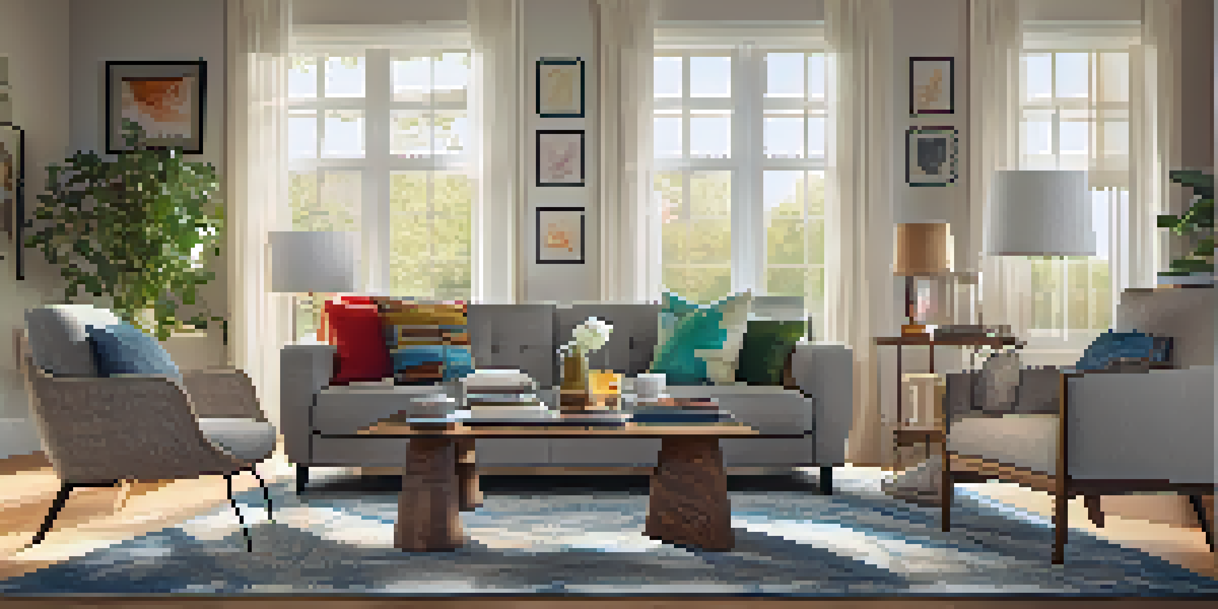 A bright and inviting living room with a comfortable sofa, colorful pillows, and a coffee table, illuminated by sunlight from large windows.