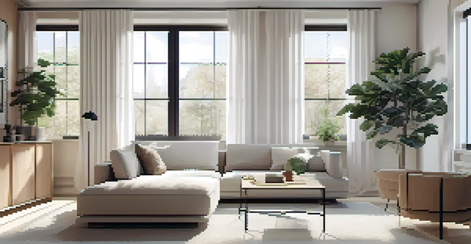 A calming minimalist living room with neutral colors, natural light, and a few decorative items.
