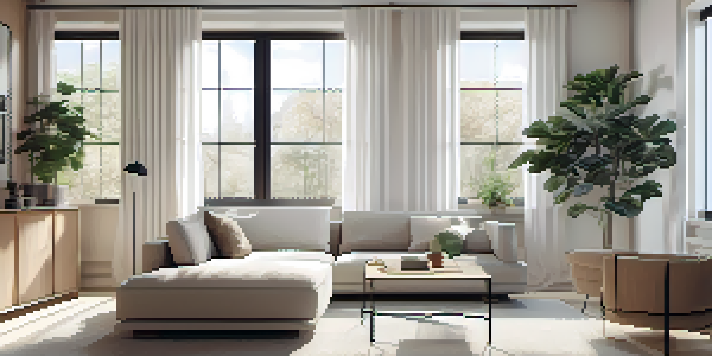 A calming minimalist living room with neutral colors, natural light, and a few decorative items.