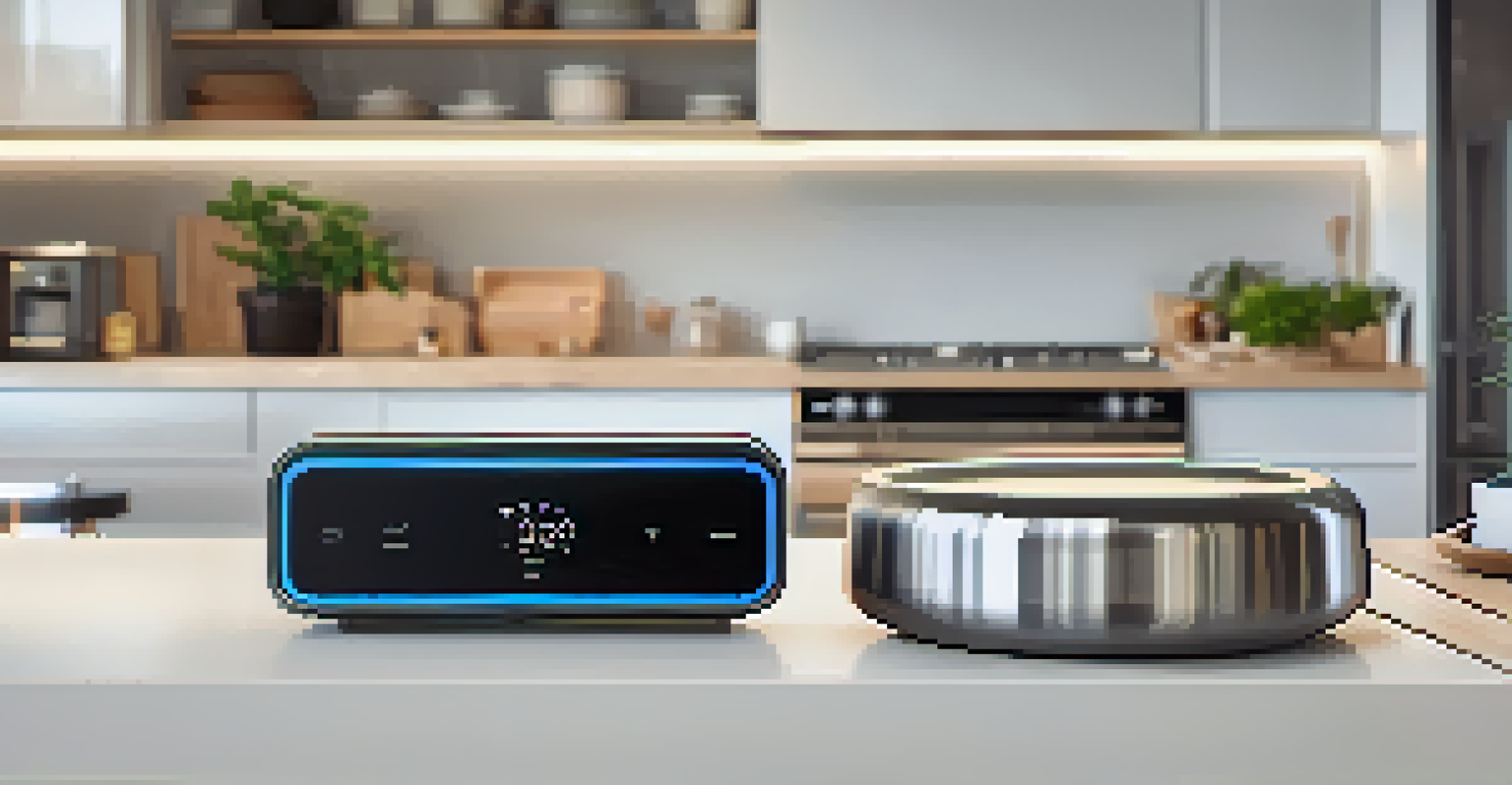 A smart home hub on a kitchen counter, surrounded by various smart devices like a smart lock and voice assistant, all set in a bright and modern kitchen.