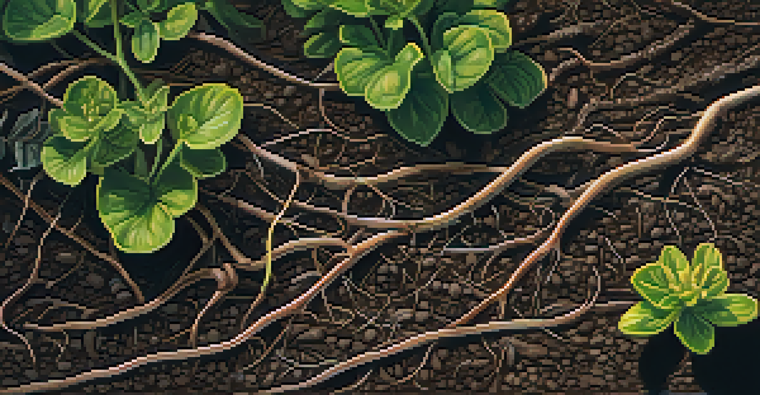 Close-up of a perennial plant showing healthy roots and rich soil texture.