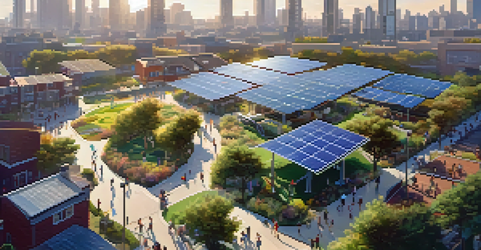 A colorful smart city with solar panels, wind turbines, and green spaces full of people, all under warm sunlight.