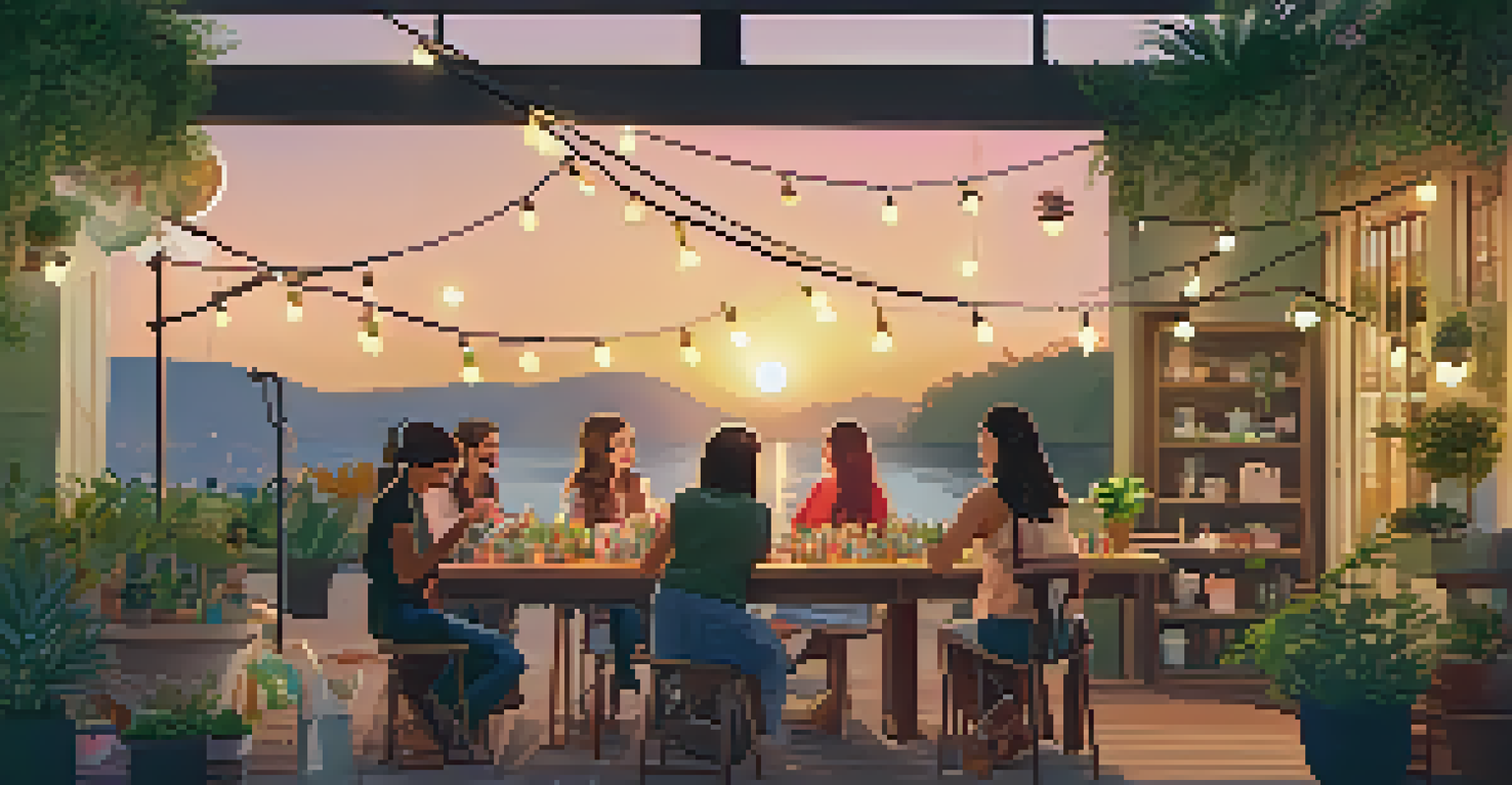 An outdoor crafting space with tables set for group activities, decorated with lights and plants, during sunset.