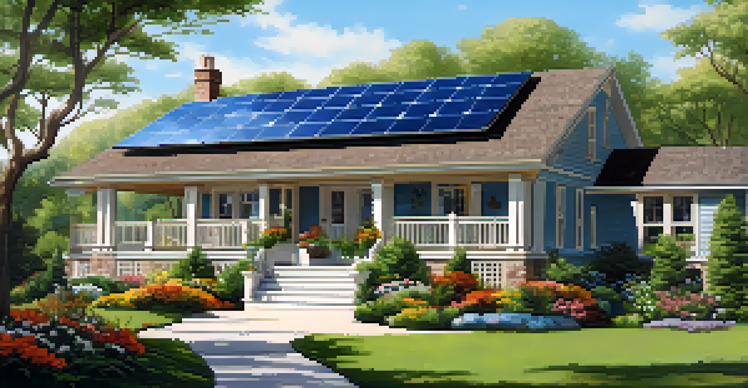 An outdoor view of a house with solar panels on the roof, surrounded by greenery and flowers under a bright blue sky.