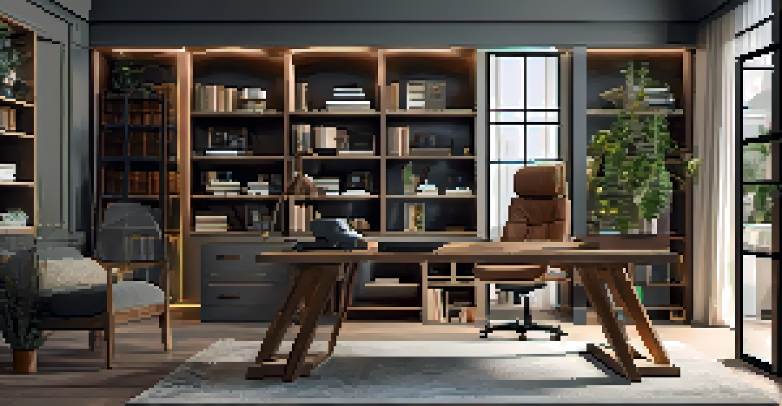 A functional home office with a wooden desk, ergonomic chair, and shelves filled with books and decor, illuminated by warm lighting.