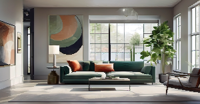 A bright and modern living room with minimalist furniture, large windows, and decorative plants.