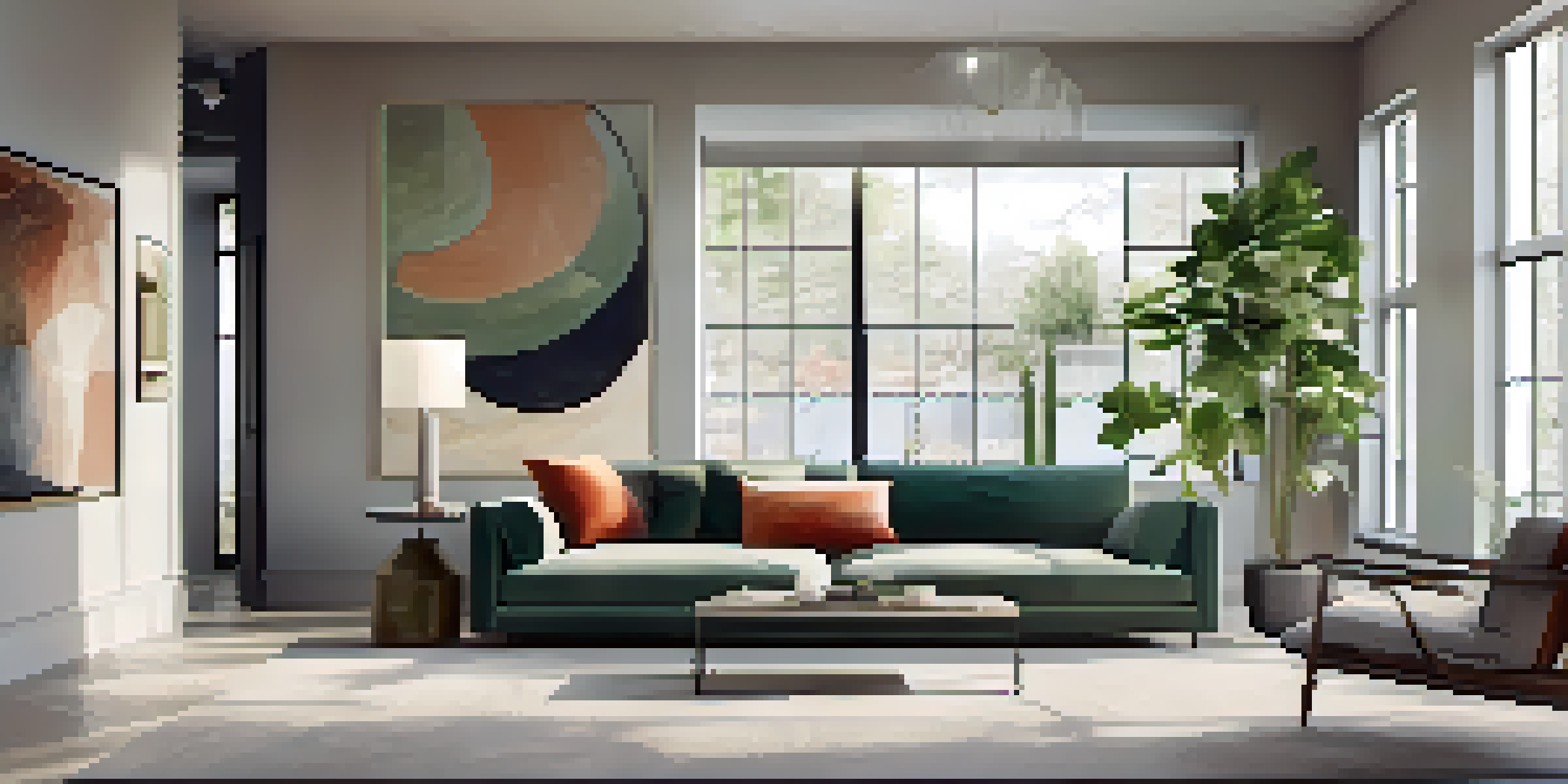 A bright and modern living room with minimalist furniture, large windows, and decorative plants.