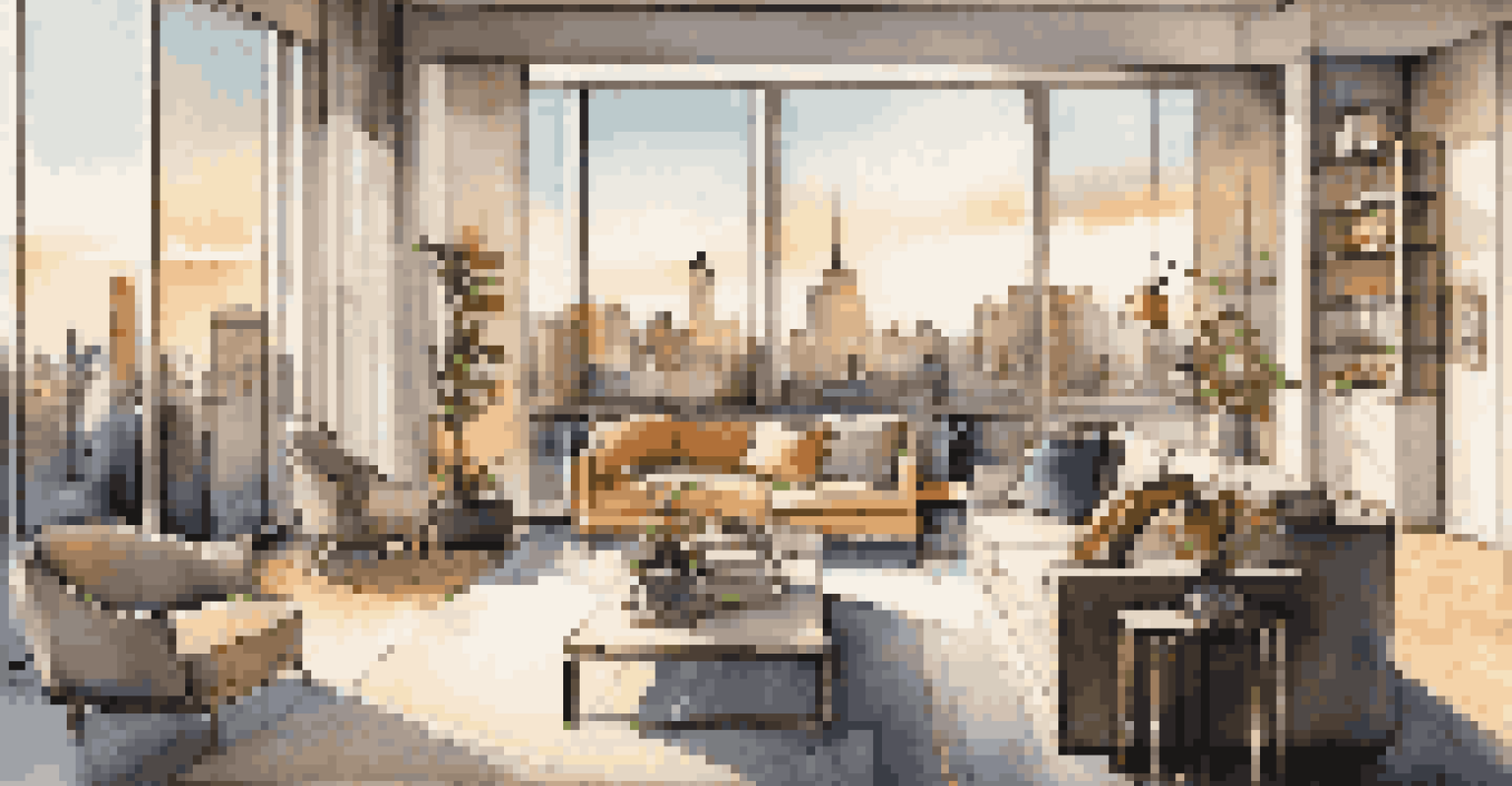A contemporary living room in a downtown apartment featuring large windows, modern furniture, and city views, bathed in soft ambient lighting.
