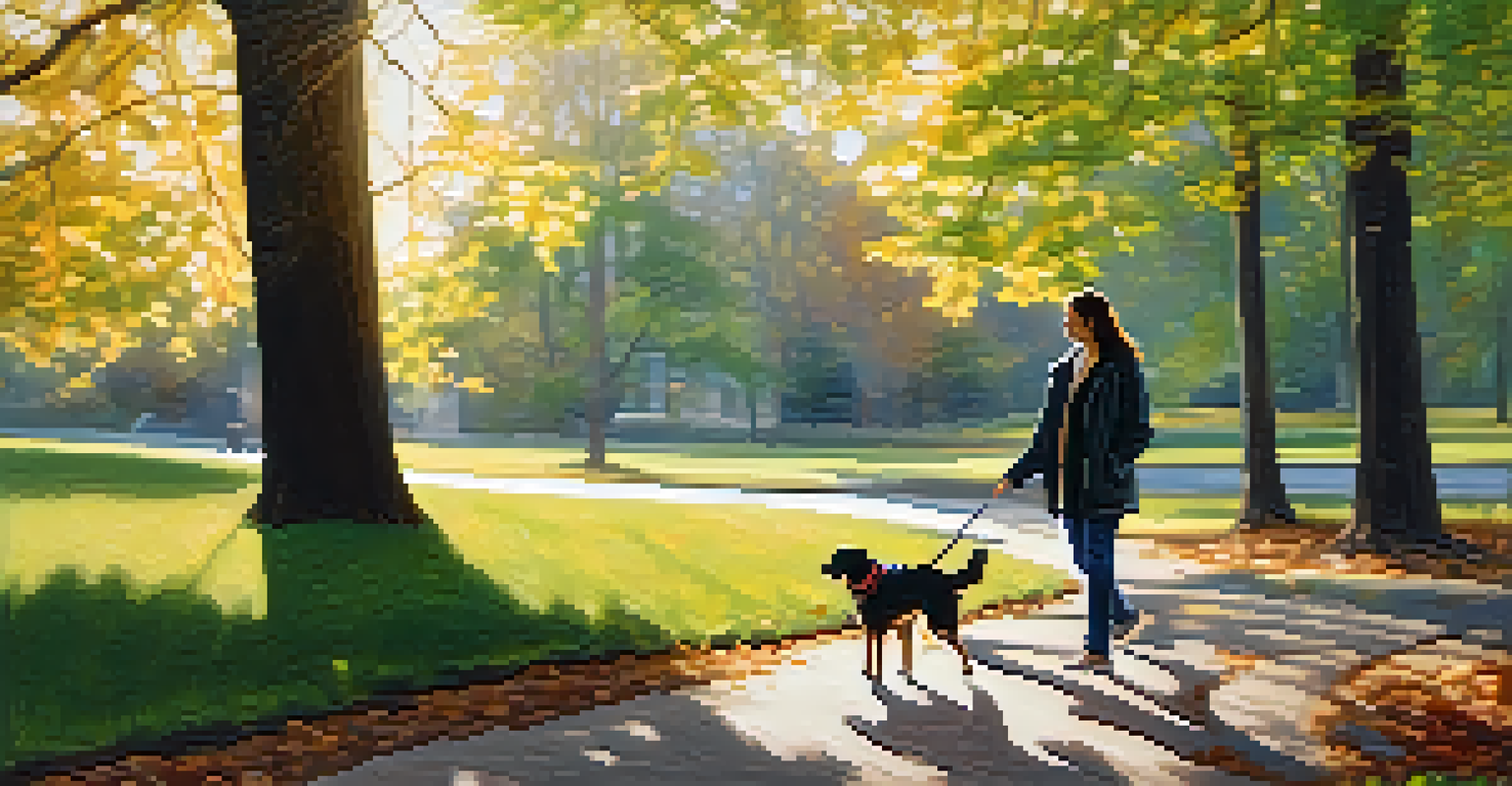 A pet owner walking their dog in a sunny park, creating a calm atmosphere during a home inspection.