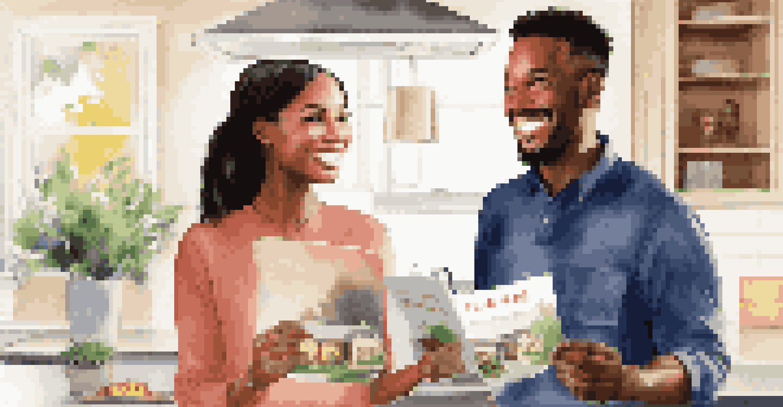 A happy couple discussing their new home with a home warranty brochure in a modern kitchen.