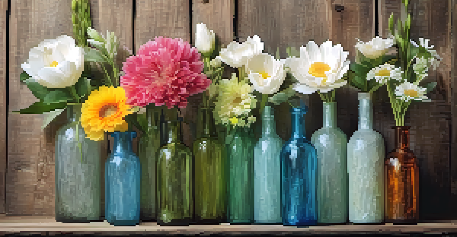 Glass bottles used as vases with flowers, displayed against a rustic wooden background, illuminated by soft lighting.