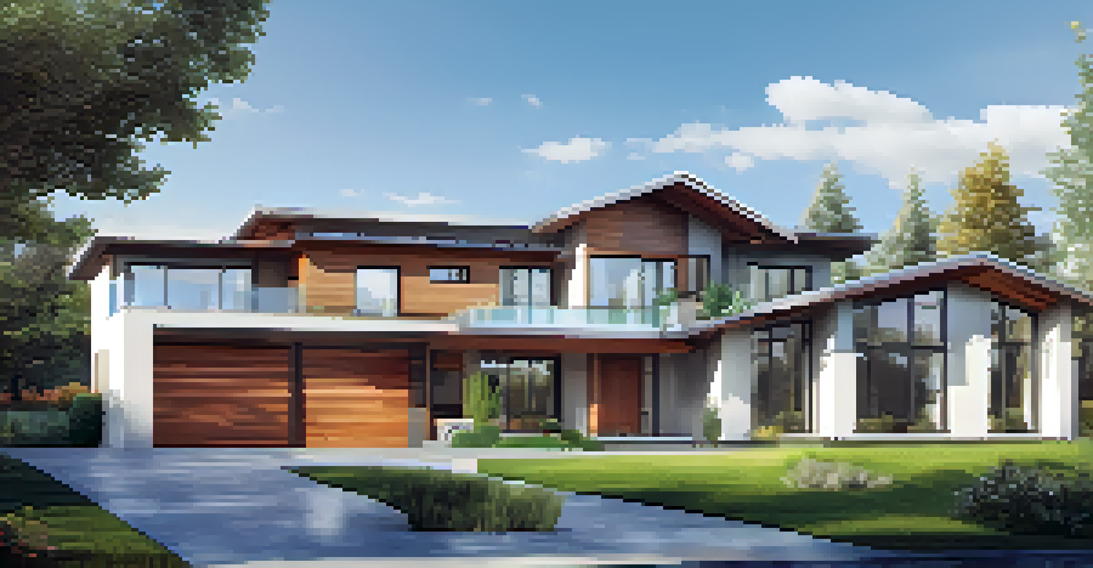 A modern home showcasing energy-efficient doors and well-insulated walls, surrounded by a beautiful garden under a clear blue sky.