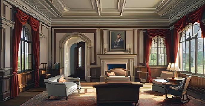 A historic interior room with ornate moldings and vintage wallpaper, illuminated by natural light, featuring a cozy reading nook.