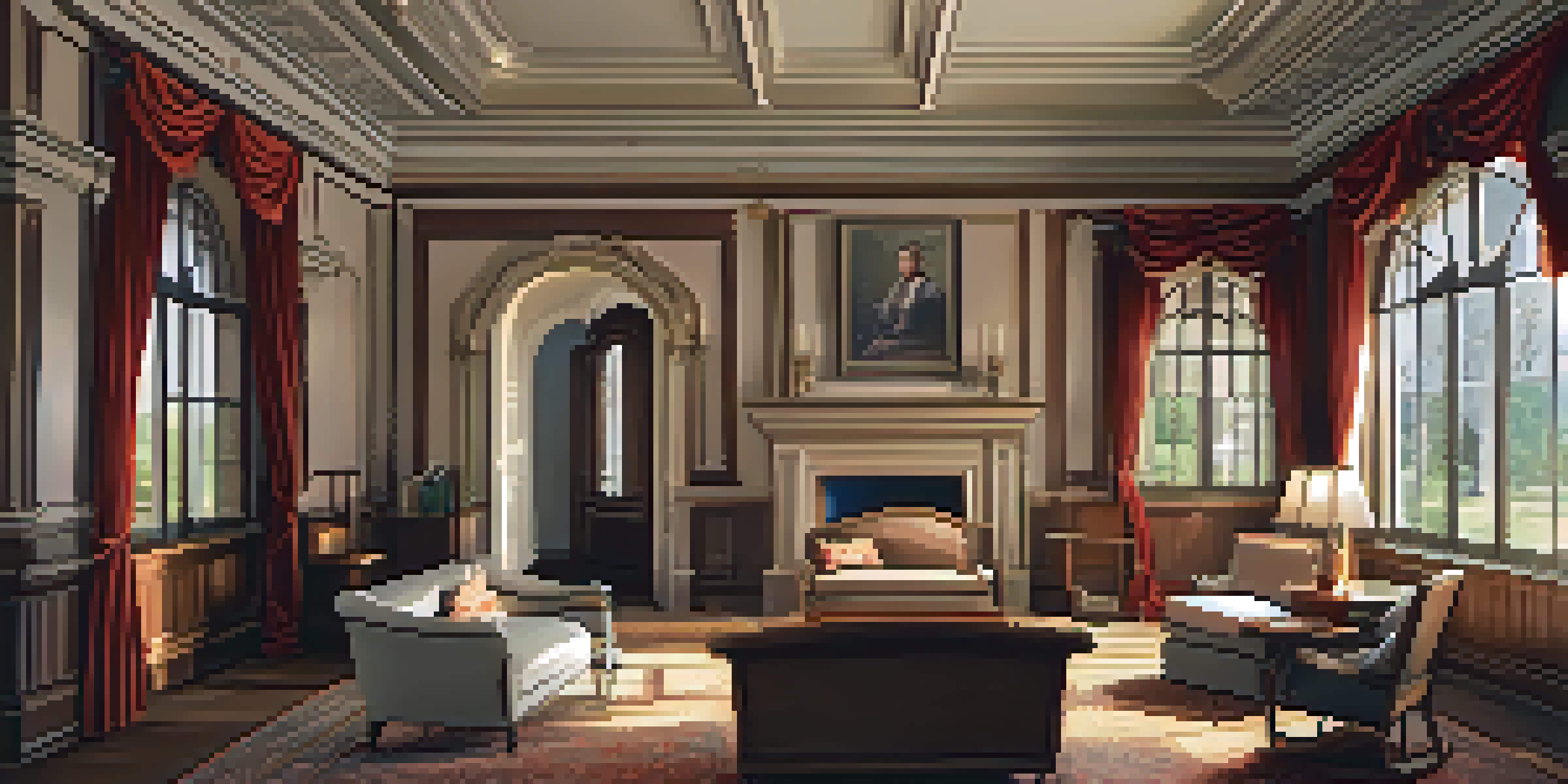 A historic interior room with ornate moldings and vintage wallpaper, illuminated by natural light, featuring a cozy reading nook.