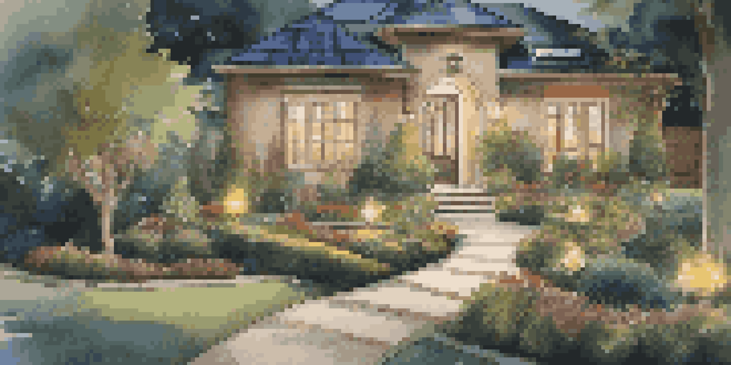 A well-lit home exterior with motion-activated lights illuminating pathways and a garden at dusk.