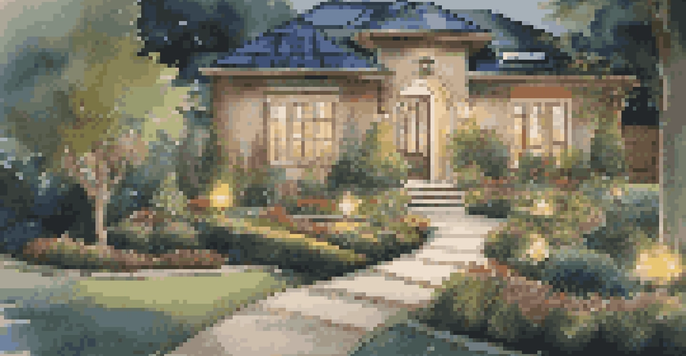 A well-lit home exterior with motion-activated lights illuminating pathways and a garden at dusk.