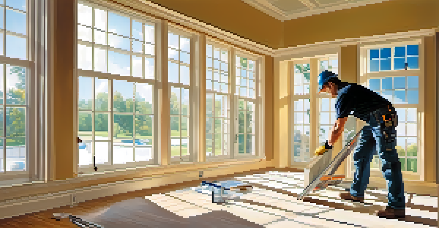 A contractor installing energy-efficient windows in a bright room, with tools arranged and sunlight highlighting the installation process.
