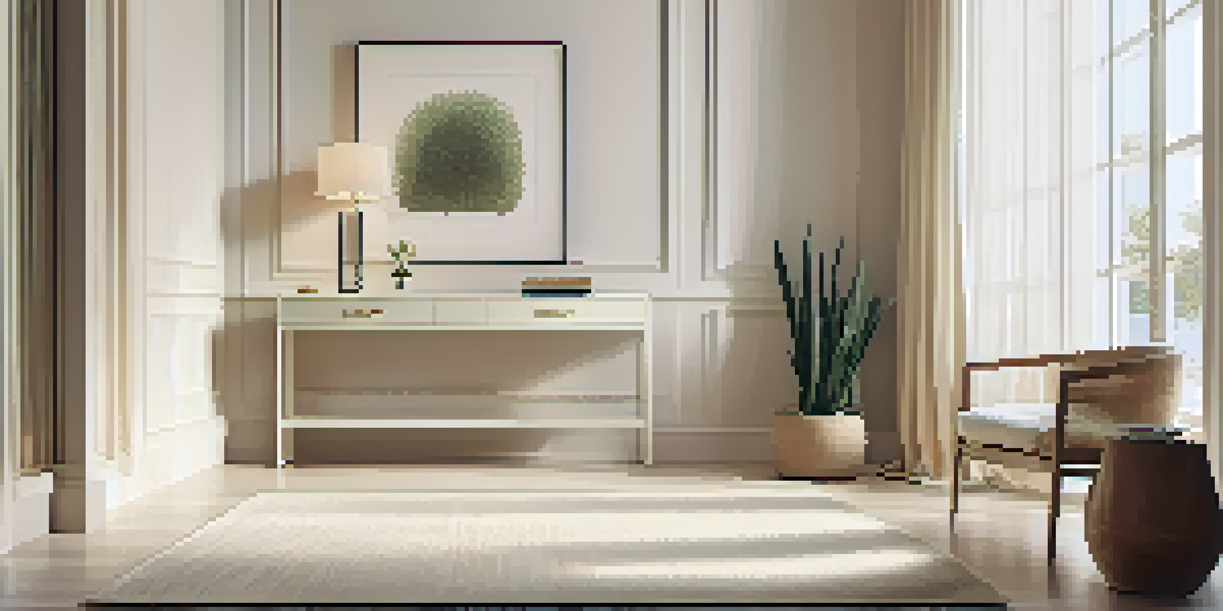 A simple and elegant entryway with a white console table, a small potted plant, soft beige walls, and natural light coming through a window.