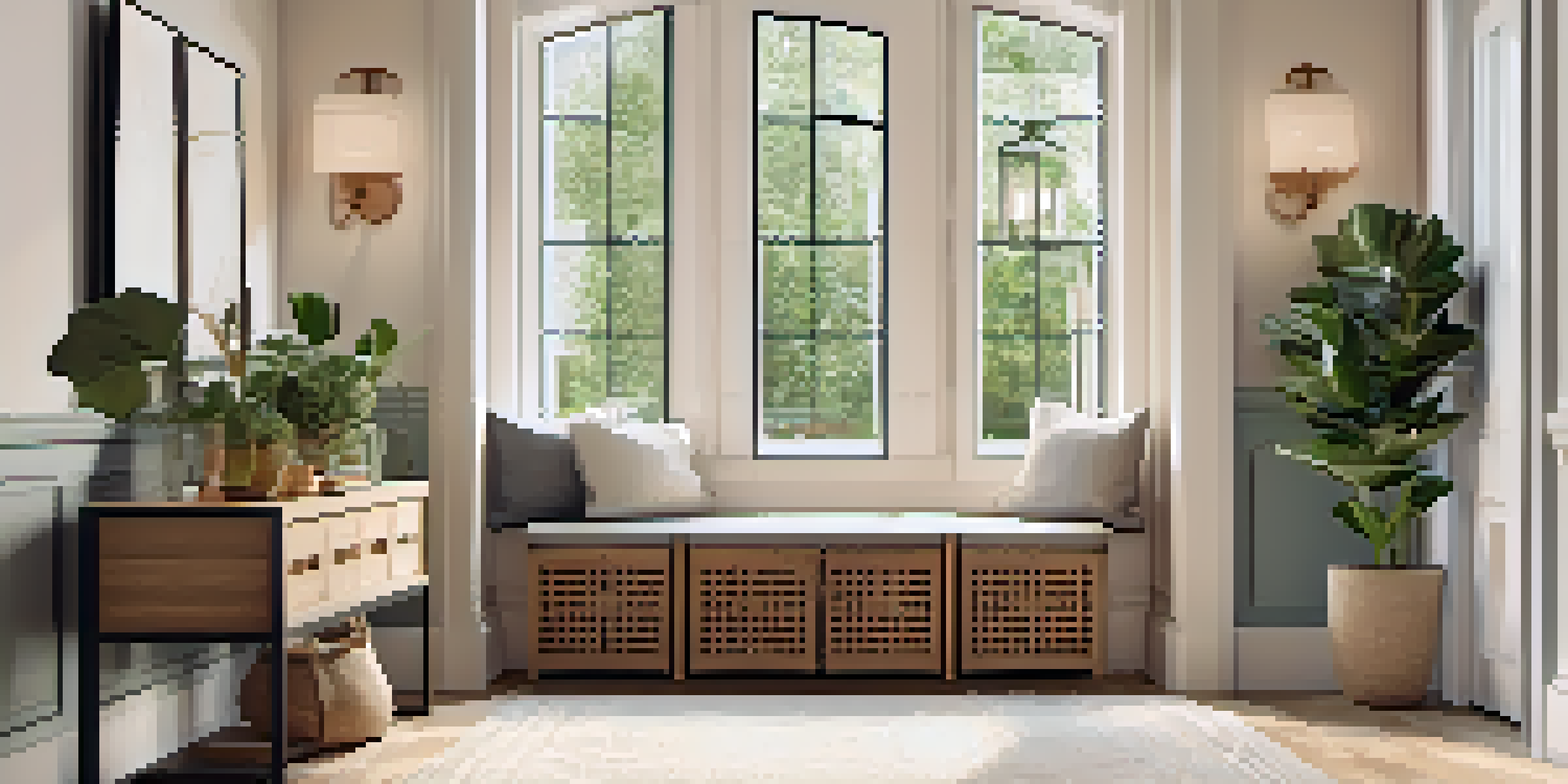 An inviting open entryway with a stylish bench, console table, soft rug, and plants, illuminated by natural light.