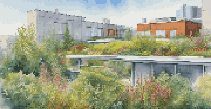 A colorful green roof with various plants and flowers on a modern building under a blue sky.