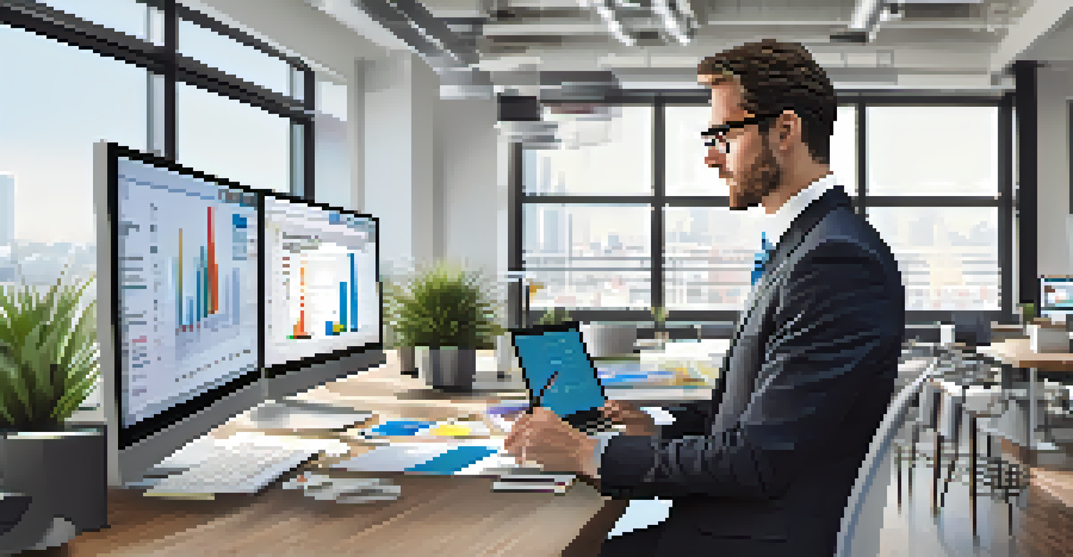 A real estate agent in a modern office analyzing market trends on a laptop.