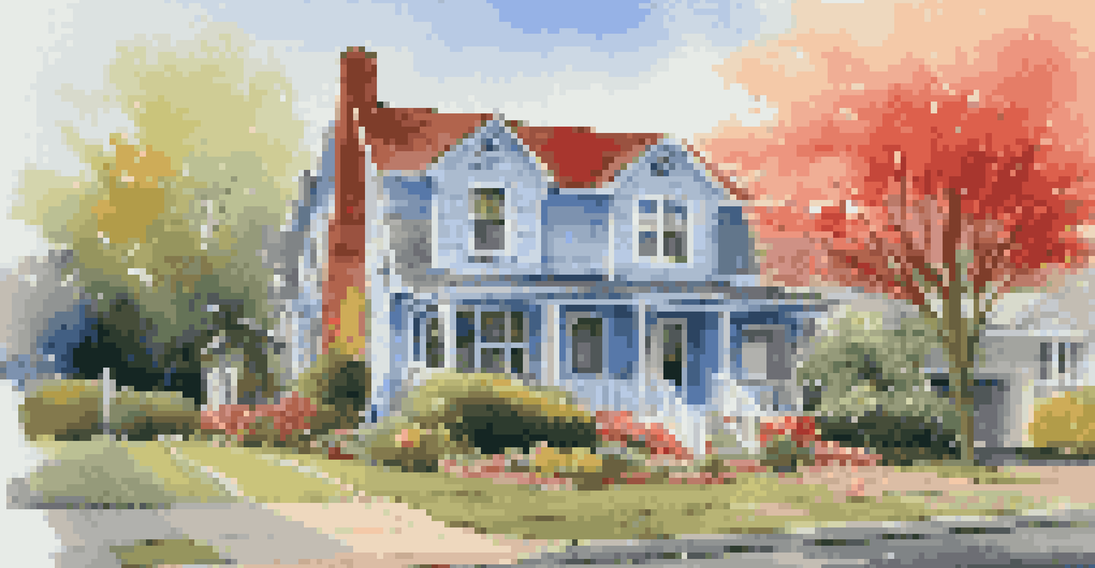 An inspector on the porch of a charming house with a 'For Sale' sign, holding a clipboard and examining the exterior features on a sunny day.