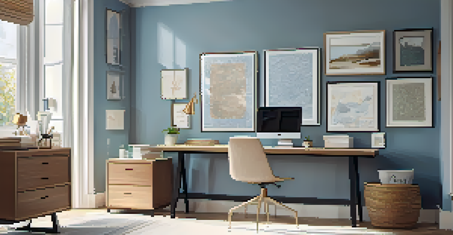 A well-designed home office with a sleek desk and ergonomic chair, filled with natural light and calming decor.