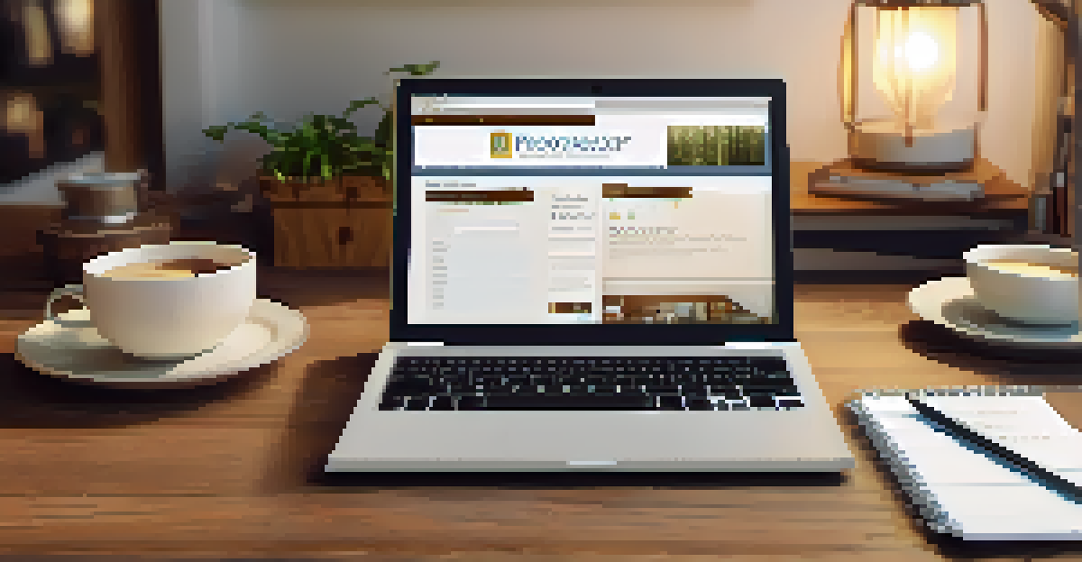 A laptop on a wooden desk showing a real estate website, with a notepad and a cup of coffee beside it.