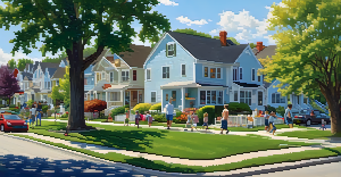 A peaceful suburban neighborhood with homes, shops, and children playing in a park under a clear blue sky.