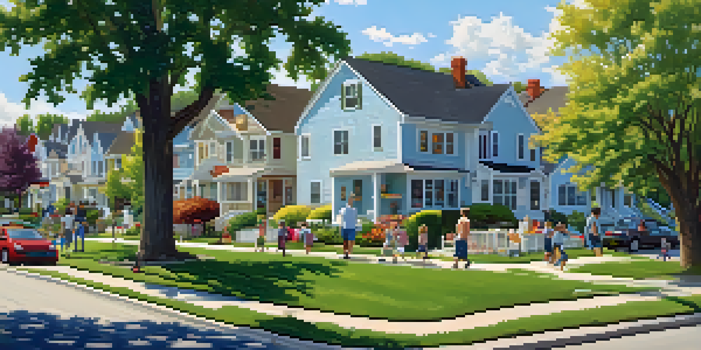 A peaceful suburban neighborhood with homes, shops, and children playing in a park under a clear blue sky.