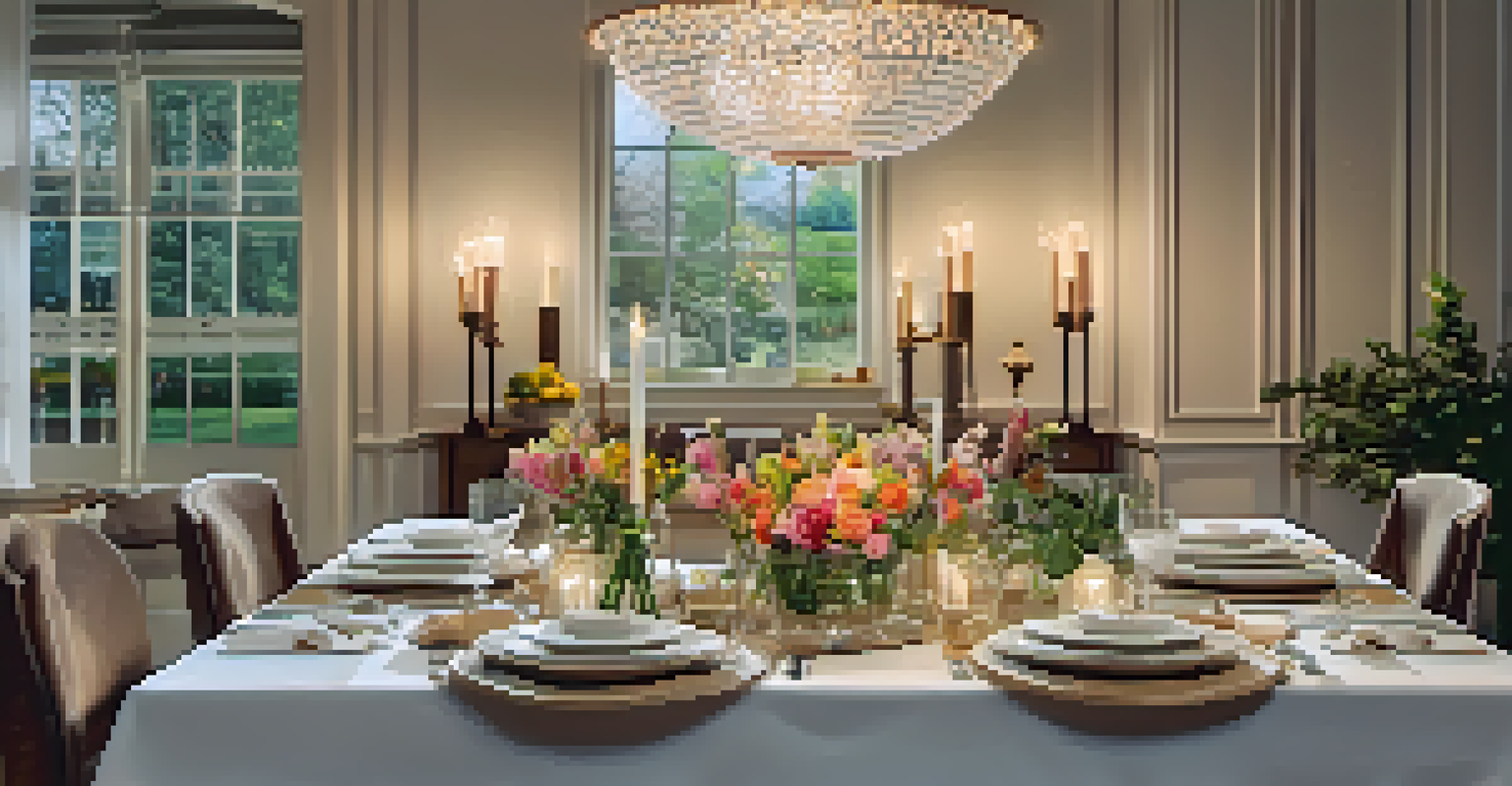 An elegant dining area with a beautifully arranged table, featuring dimmable overhead light and accent lighting.