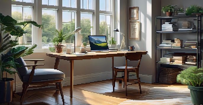 A modern home office with a laptop on a desk, potted plants, and large windows overlooking a suburban area, filled with natural light.