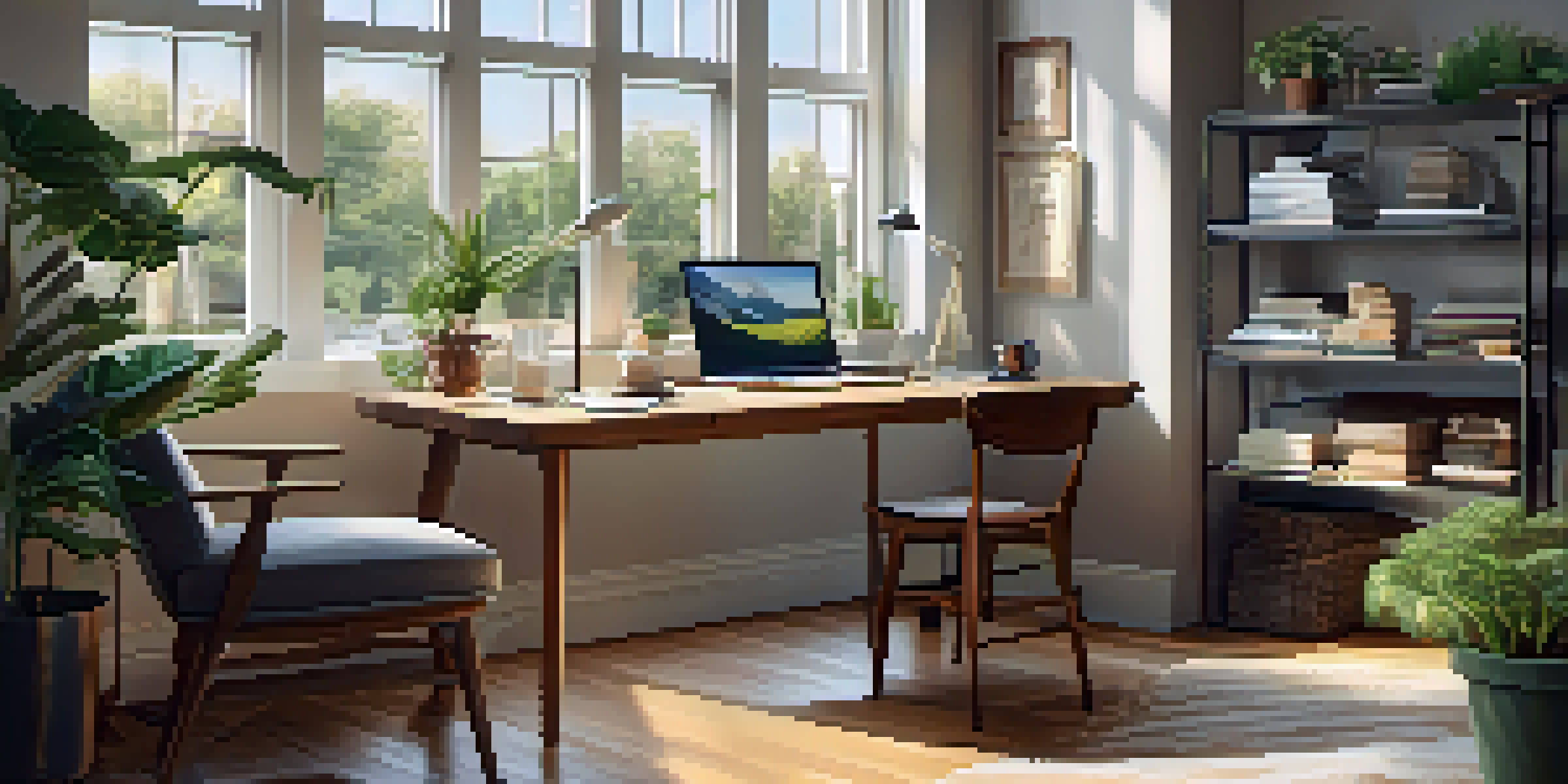 A modern home office with a laptop on a desk, potted plants, and large windows overlooking a suburban area, filled with natural light.