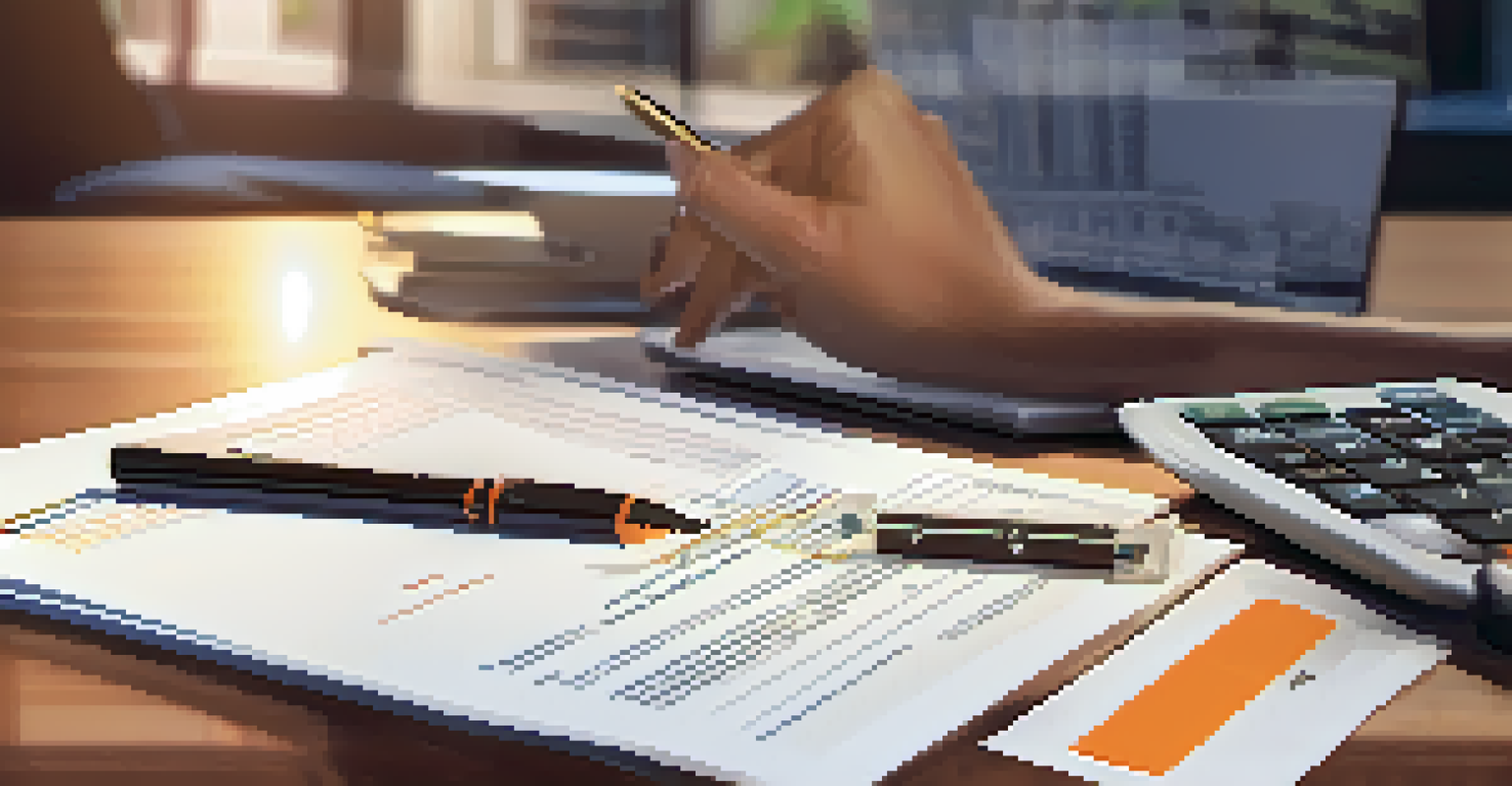 A hand holding a highlighted real estate contract, with a laptop and calculator in a cozy home office.