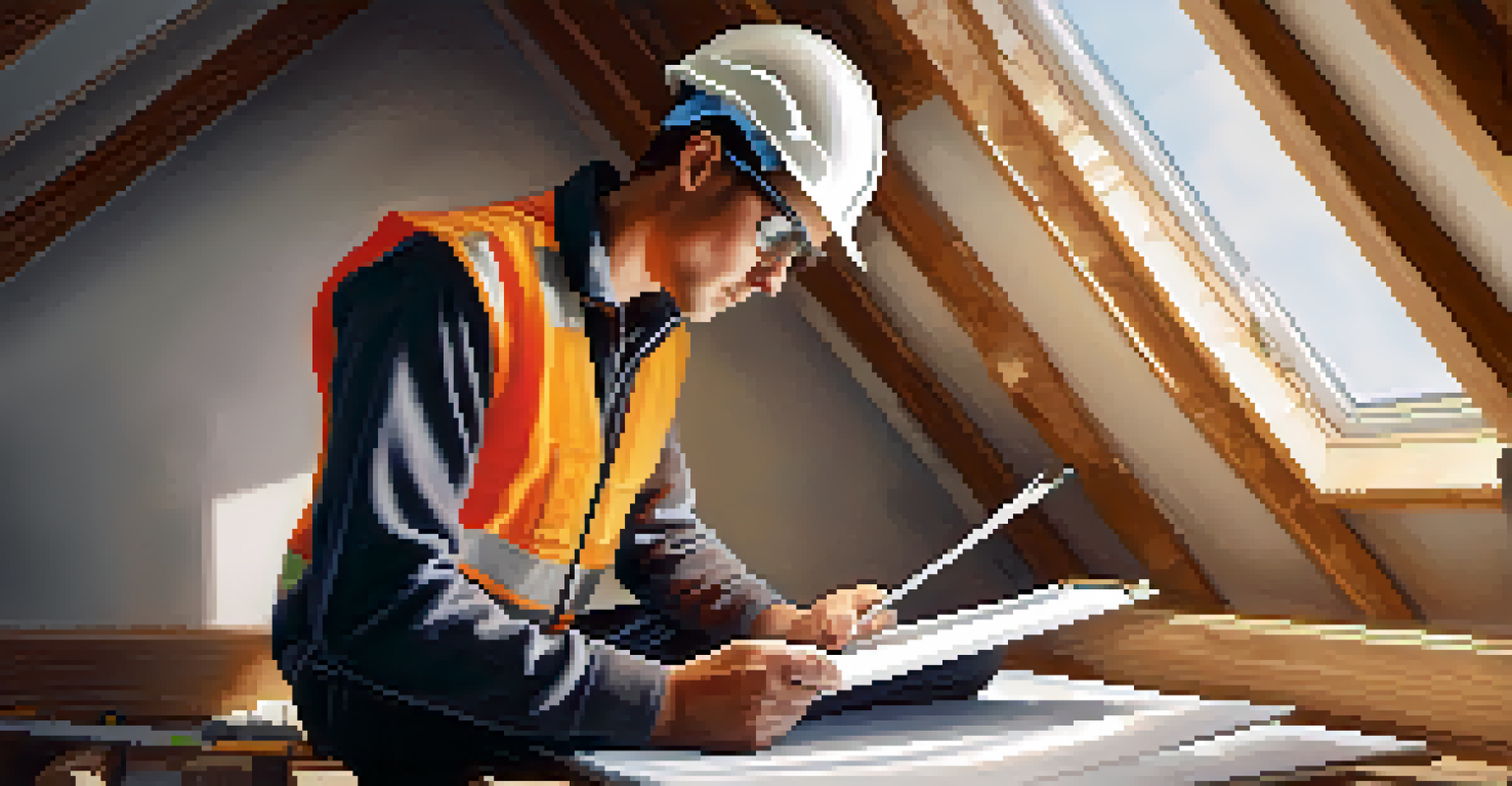 An inspector in an attic examining insulation during a home energy audit, with sunlight streaming in and insulation materials around.