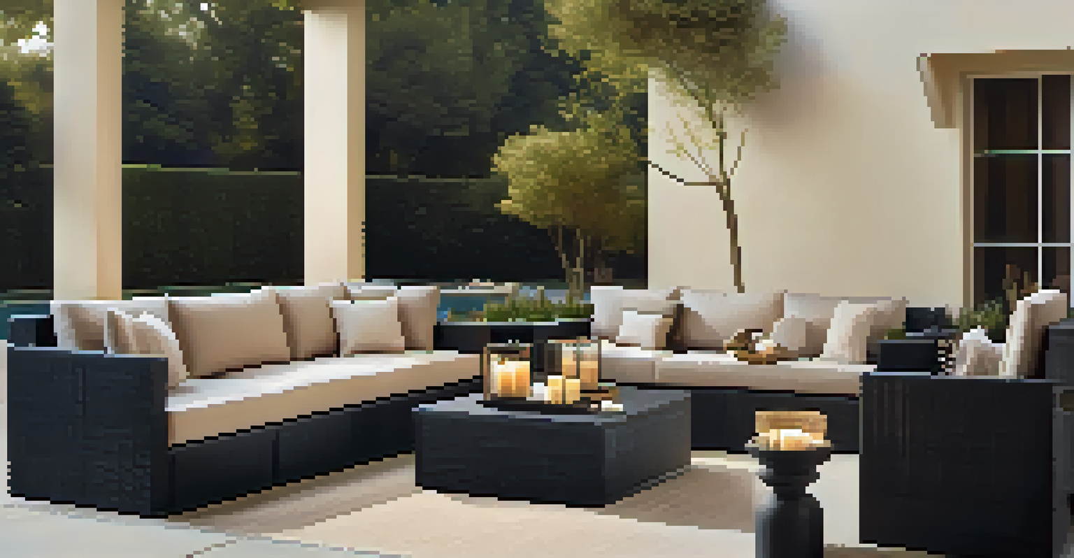 A modern outdoor lounge with contrasting textures, dark wicker furniture, and natural elements creating a stylish and inviting space.